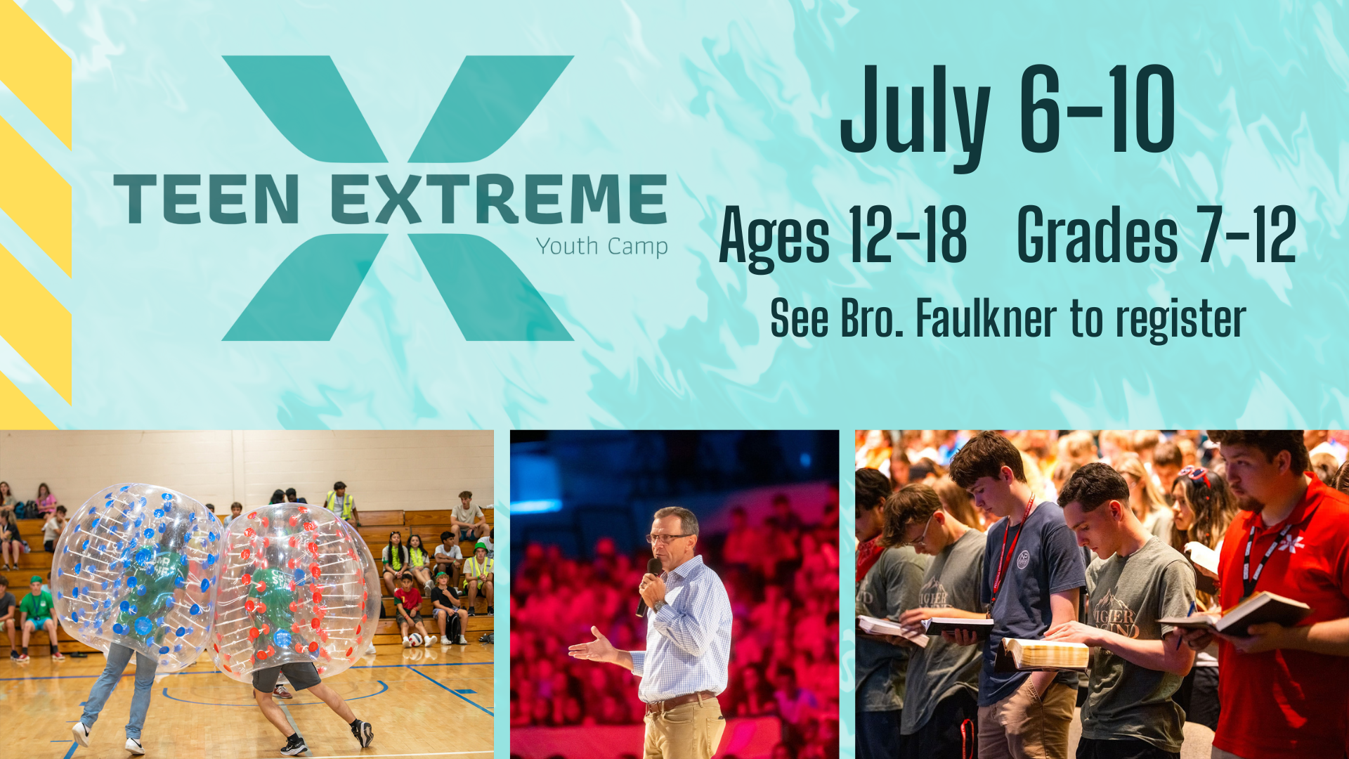 Teen Extreme Youth Camp July 6 through 10 for ages 12 to 18 and grades 7 through 12